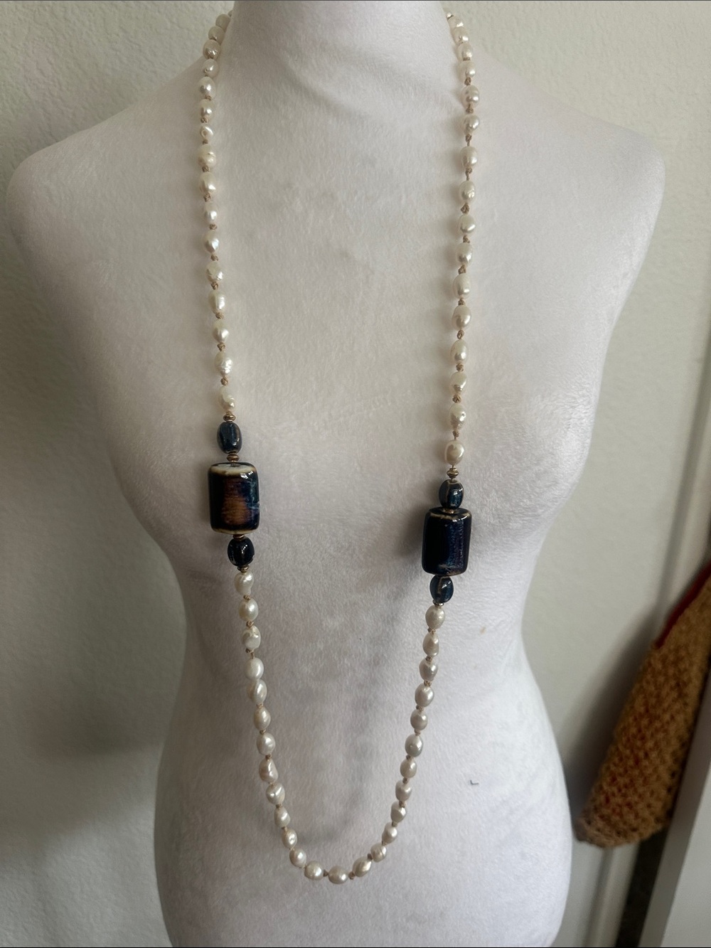 Pearl and Dark Ceramic Bead Long Necklace - Elegant White and Black Design